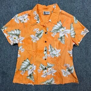 Aloha Republic‎ Hawaiian Shirt Womens M Orange Floral Tropical Made in USA VTG
